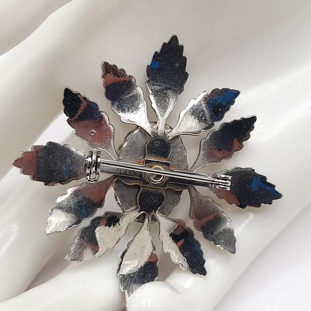 Vintage 1950s Hand Painted Porcelain Floral Brooch Silver Tone Leaf Frame 2